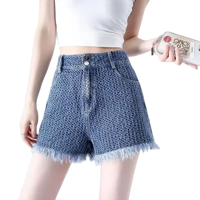 

High Waist Waffle Denim Shorts Women's 2022 New Summer Slim Thin Blue Straight Pants Three Point Pants Sexy Streetwear Female