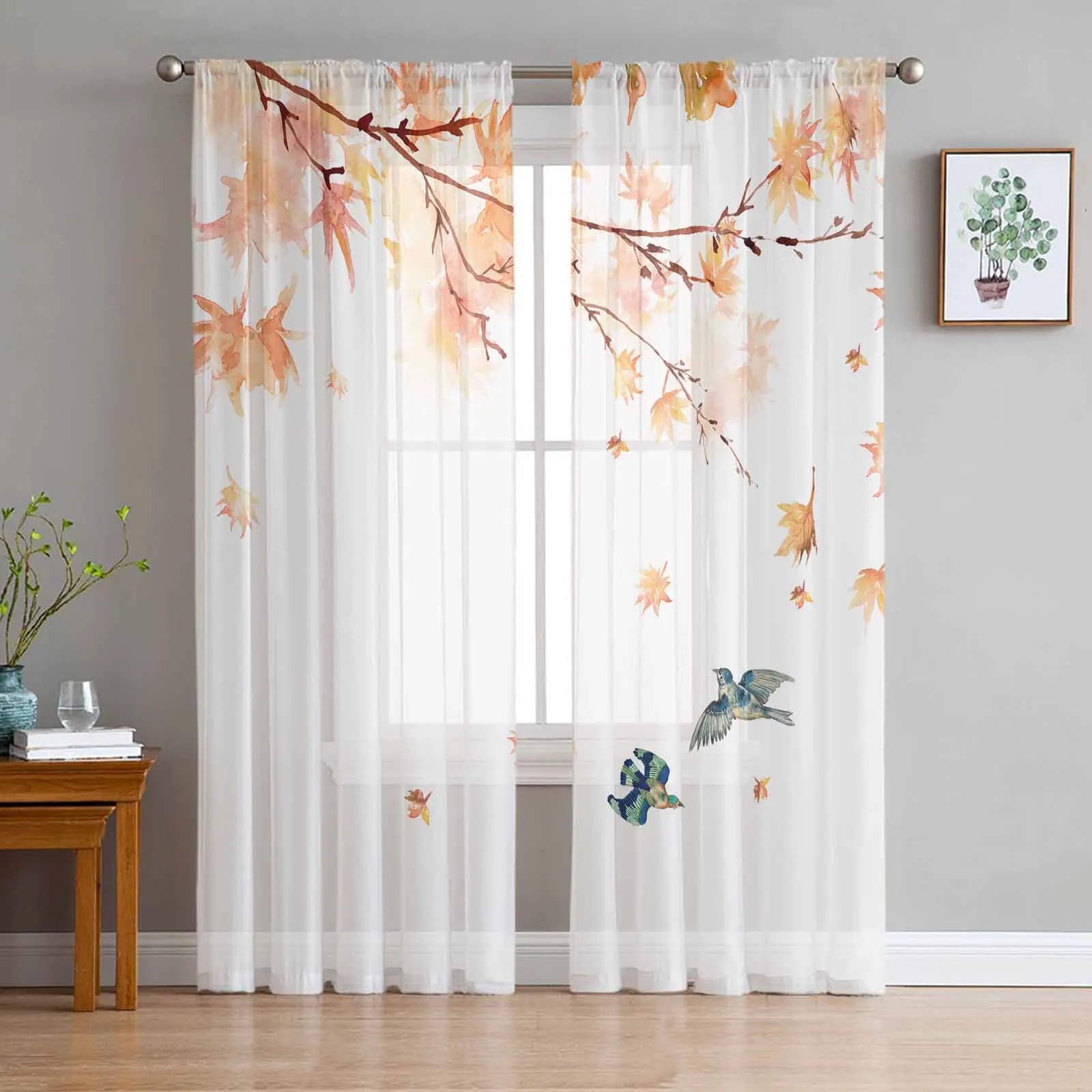 

Maple Leaves Branches Birds Tulle Curtains for Living Room Bedroom Modern Chiffon Sheer Voile Kitchen Window Curtain