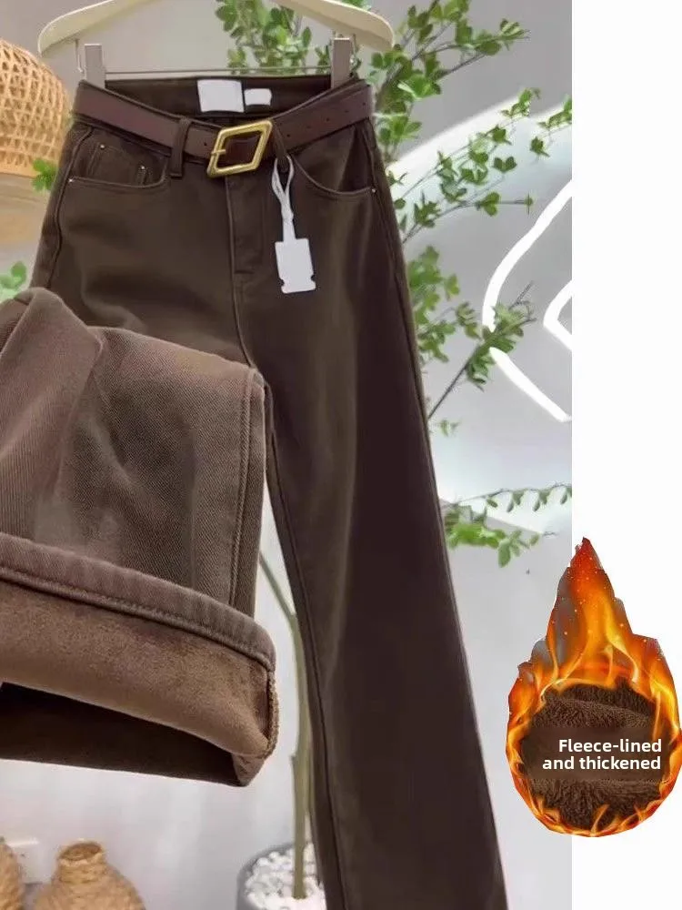Thickened Fleece Lined Wide Leg High Waist Jeans Women's Loose Fit Winter Warm Coffee Color Straight Tube Trousers Trendy