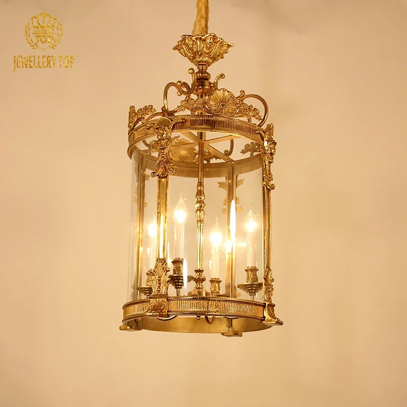 Medieval French Lantern Lighting European Gilt Bronze Chandelier Luxury Brass Hanging Cage Pendant Light