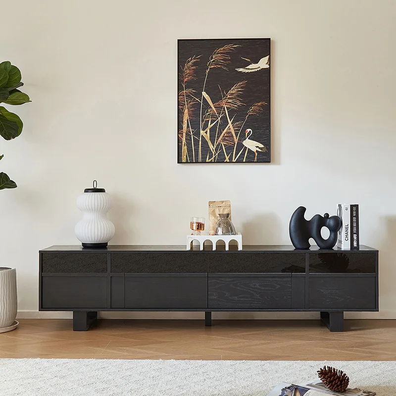 

French retro solid wood TV cabinet coffee table combination home black premium sense