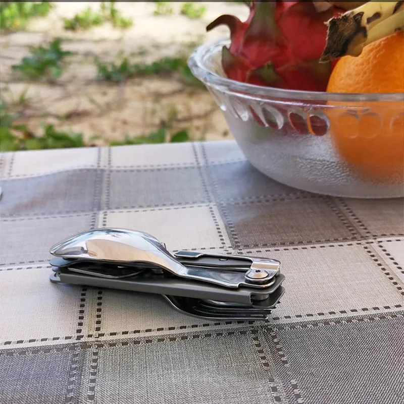 Outdoor Camping Folding Tableware, Stainless Steel, Multifunctional Dinner Knife, Portable Knife, Fork, Spoon, Travel Fold Knife