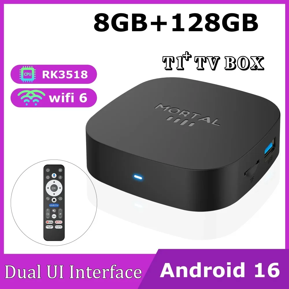 

Новая Смарт ТВ-приставка T1+ RK3518 Android 16 WiFi 6 BT 5.4 с двойным интерфейсом, 8K Ultra HD, 8 ГБ ОЗУ, 128 ГБ ПЗУ, Смарт медиаплеер 2026