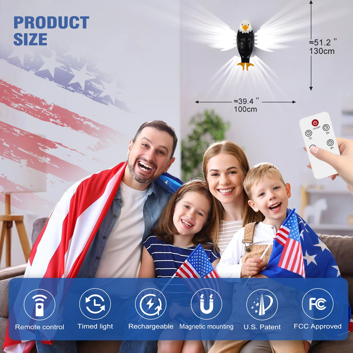 Bald Eagle Wall Light, Eagle Night Lights, USB Rechargeable, with Remote Control Magnetic Wall Mounted Lamp for Bedroom, Hallway