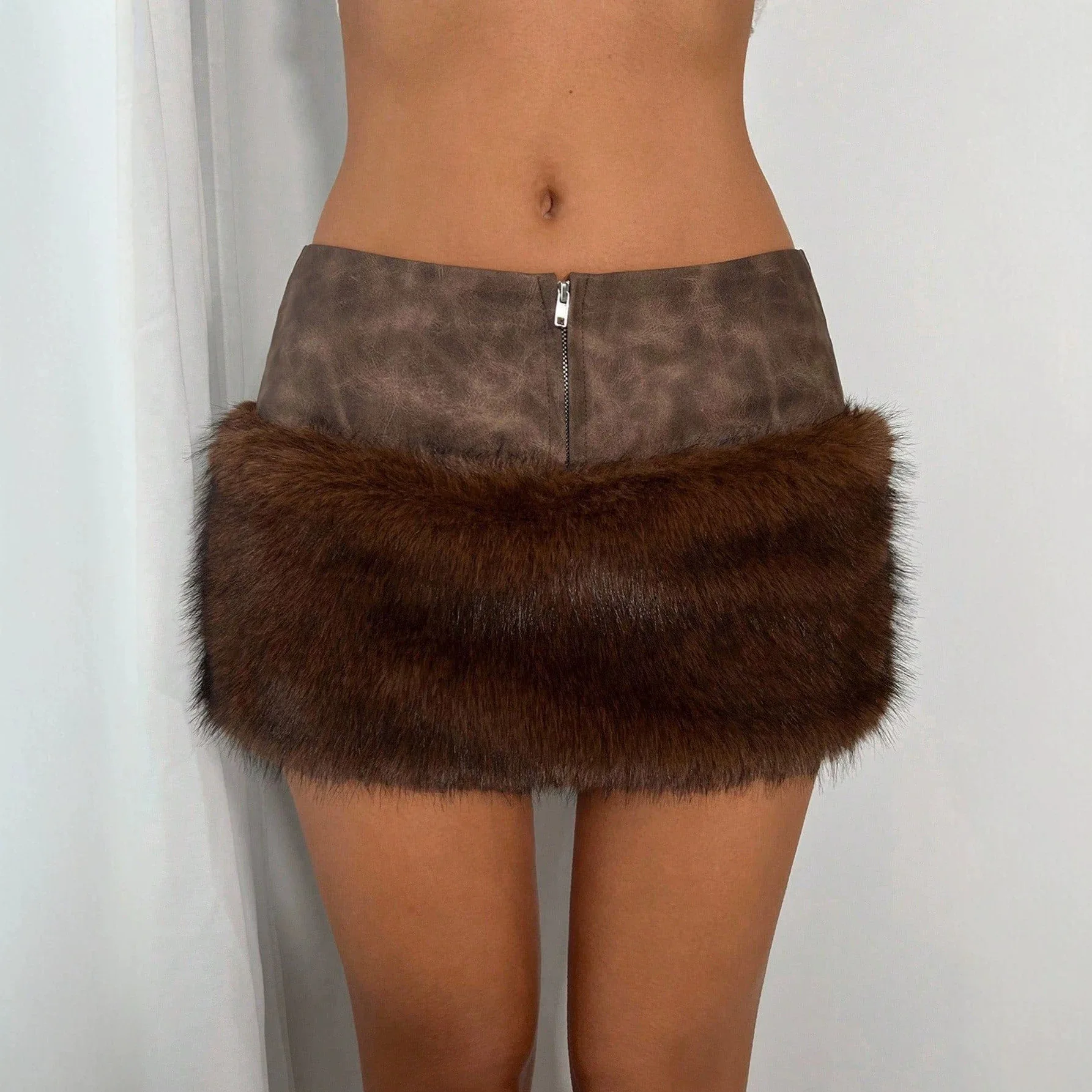 ONE TO WAN Vintage Brown Low-rise Crop Top Zipper Wool Skirt Autumn and Winter New Hot Girl Leather Patchwork Hip-hugging Skirt