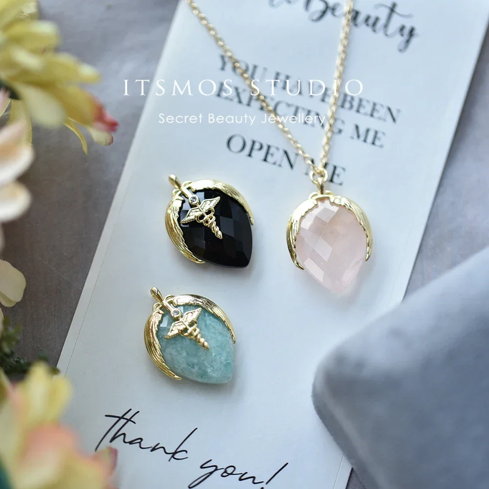ITSMOS Natural Angel Wings Gold Precious Gemstone Pendant Necklace waterdrop Rose Quartz Elegant Jewelry for Women Romatic GIft