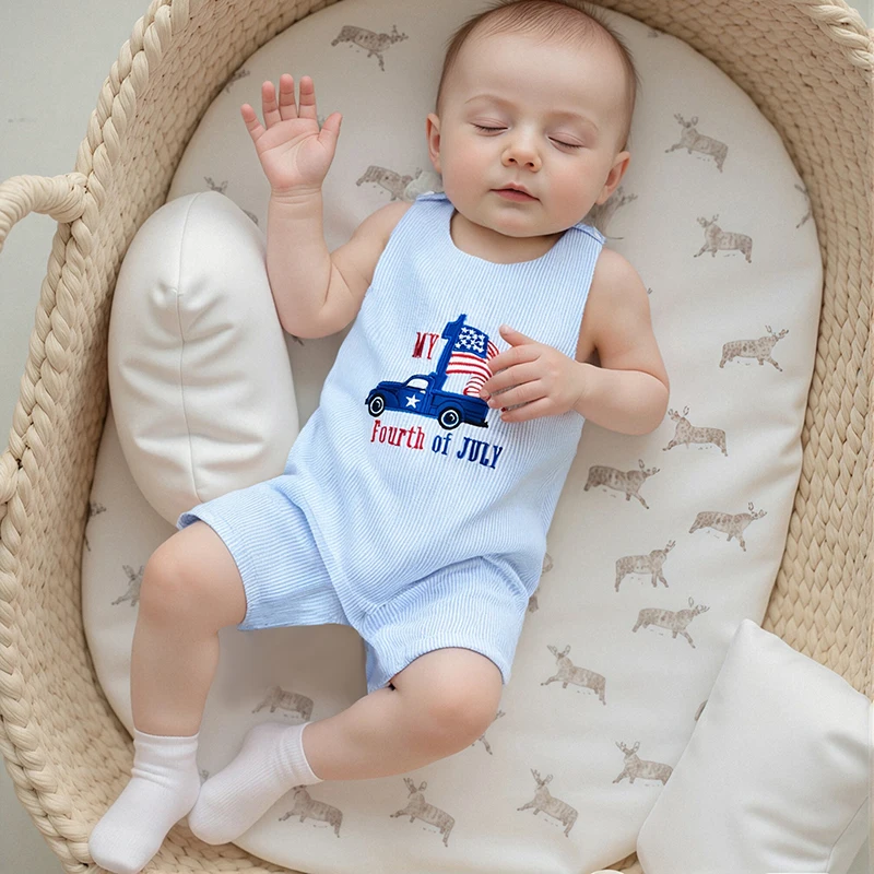 طفل رضيع 4th من يوليو رومبير وزرة سيارة التطريز شريط طباعة أكمام جولة الرقبة تانك بذلة #3