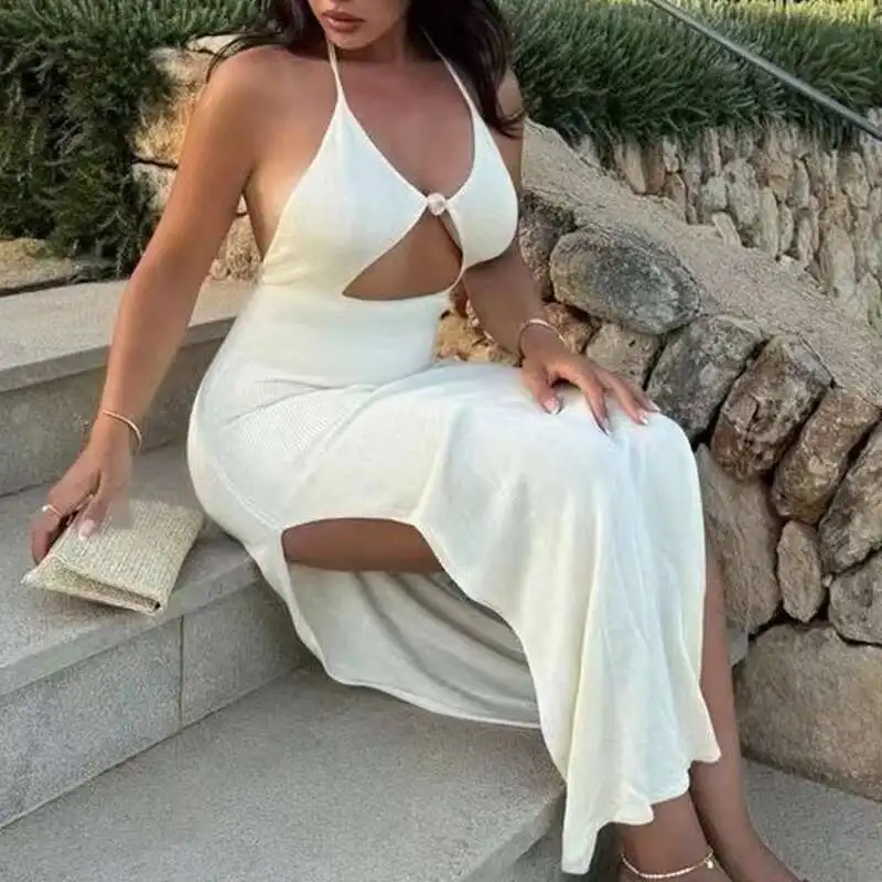 섹시한 홀터넥 로우 컷 중공 니트 드레스 여름 민소매 사이드 스플릿 슬림 피트 비치 수영복 백리스 여성 커버 수영복