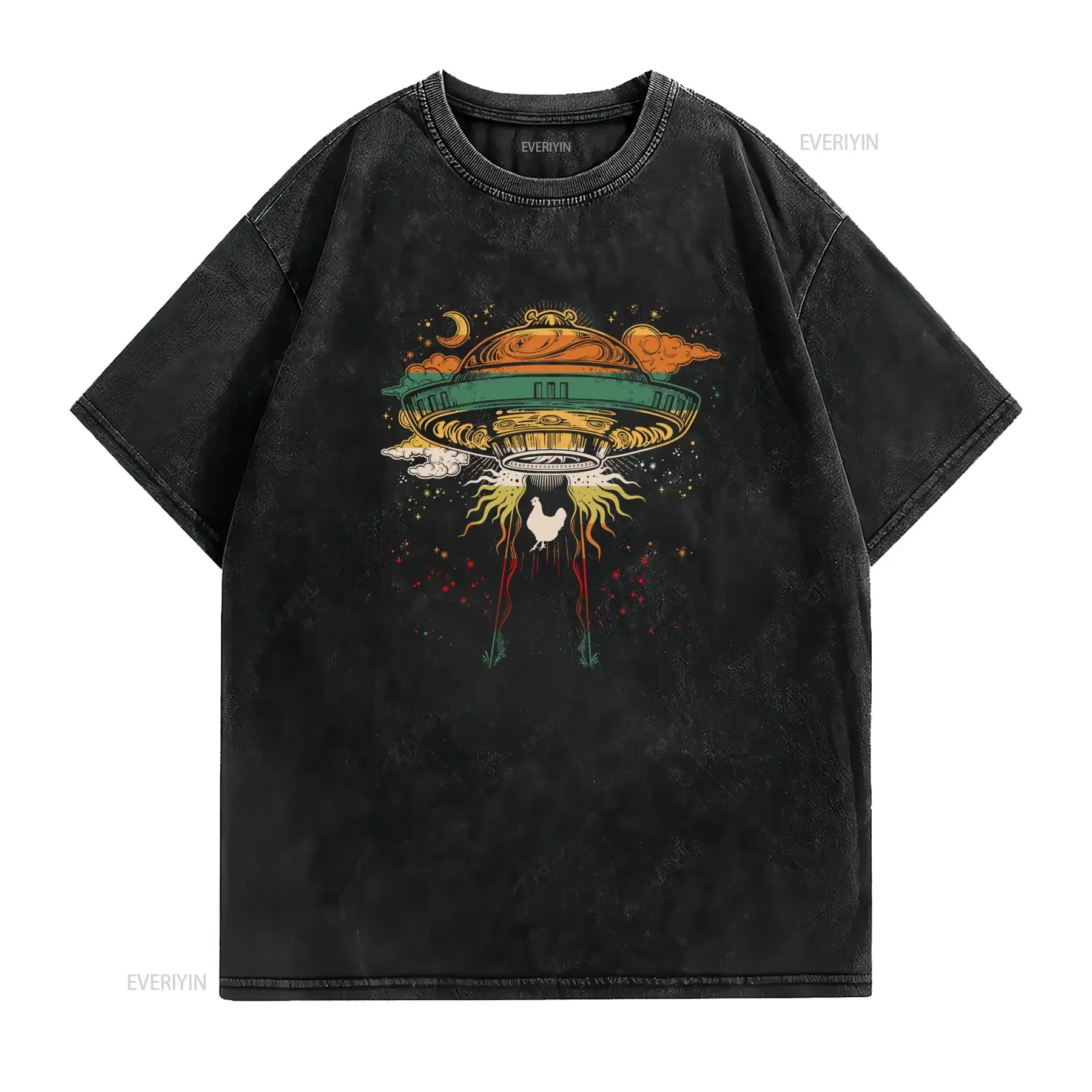 Vintage Retro Psychedelic UFO Peace Dove Print Casual T Shirt vintage Washed fashion Stylish Top For Everyday Wear graphic