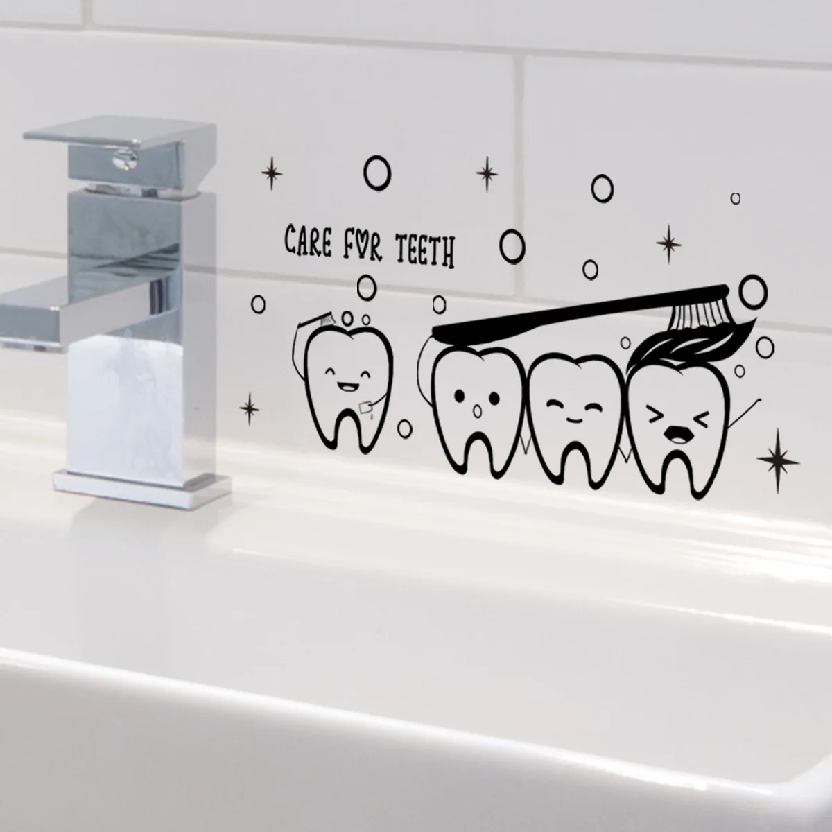 Cartoon Teeth Brushing Pattern Wall Sticker For Kids Bathroom Decoration Mural Self-adhesive Home Decor Wash Table Mirror Decals