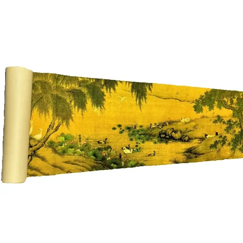 10 Meter Long Shen Quan 'Hundred Birds Bowing To' Traditional Themed Chinese Old Color Painted Artwork Scroll Collectible