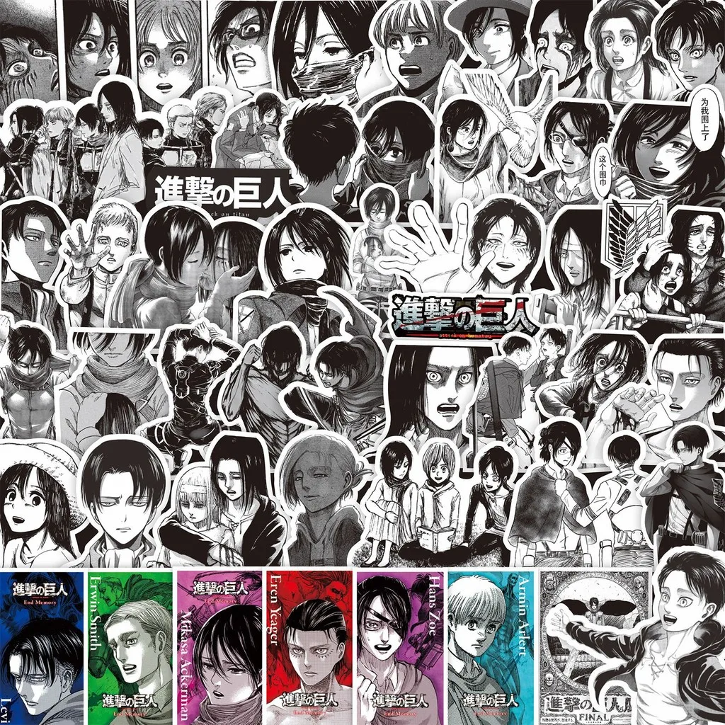 75 قطعة من ملصقات Attack on Titan - شارات Levi وEren وMikasa باللون الأسود والأبيض (متجر Anime Worlds)