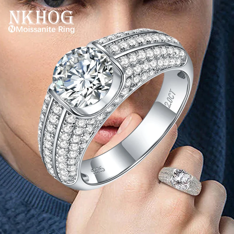 NKHOG 2ct Moissanite Ring S925 Sterling Silver Plated 18K Gold Men U-Shape Eternity Rings Gifts Wedding Fine Jewelry Certificate