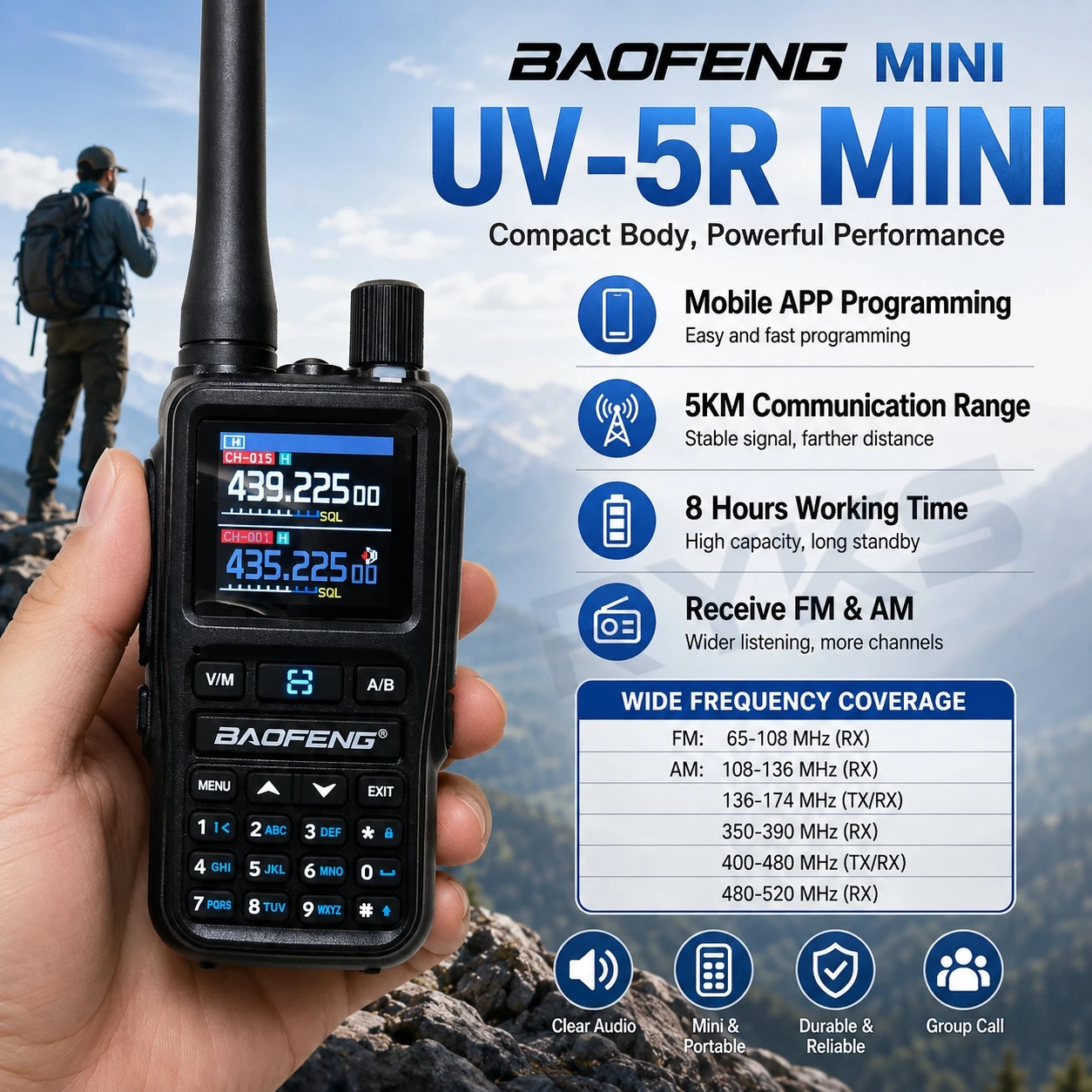 Baofeng Uv 5R Mini 5Km Walkie Talkie Long Range Mini And Portable Ham Radio 1600Mah 8H Standby Time Wireless Set For Camping