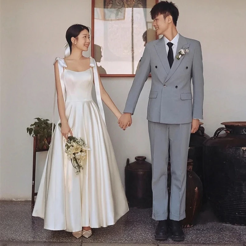 

Korean Classic Satin Wedding Dresses Spaghetti Straps Ankel Length Outdoor Grarden Bridal Gowns Marriage Party 웨딩 드레스 2023