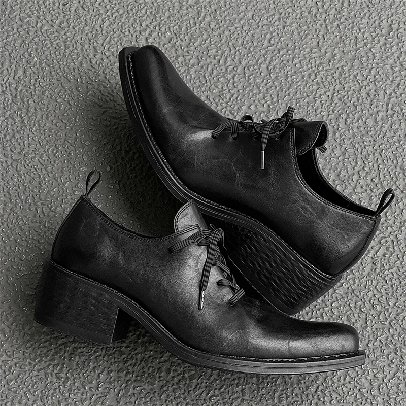 Pointed Couple High Heels Men Style Design Sense Niche Runway Model Casual Height Increasing Black Derby Shoes