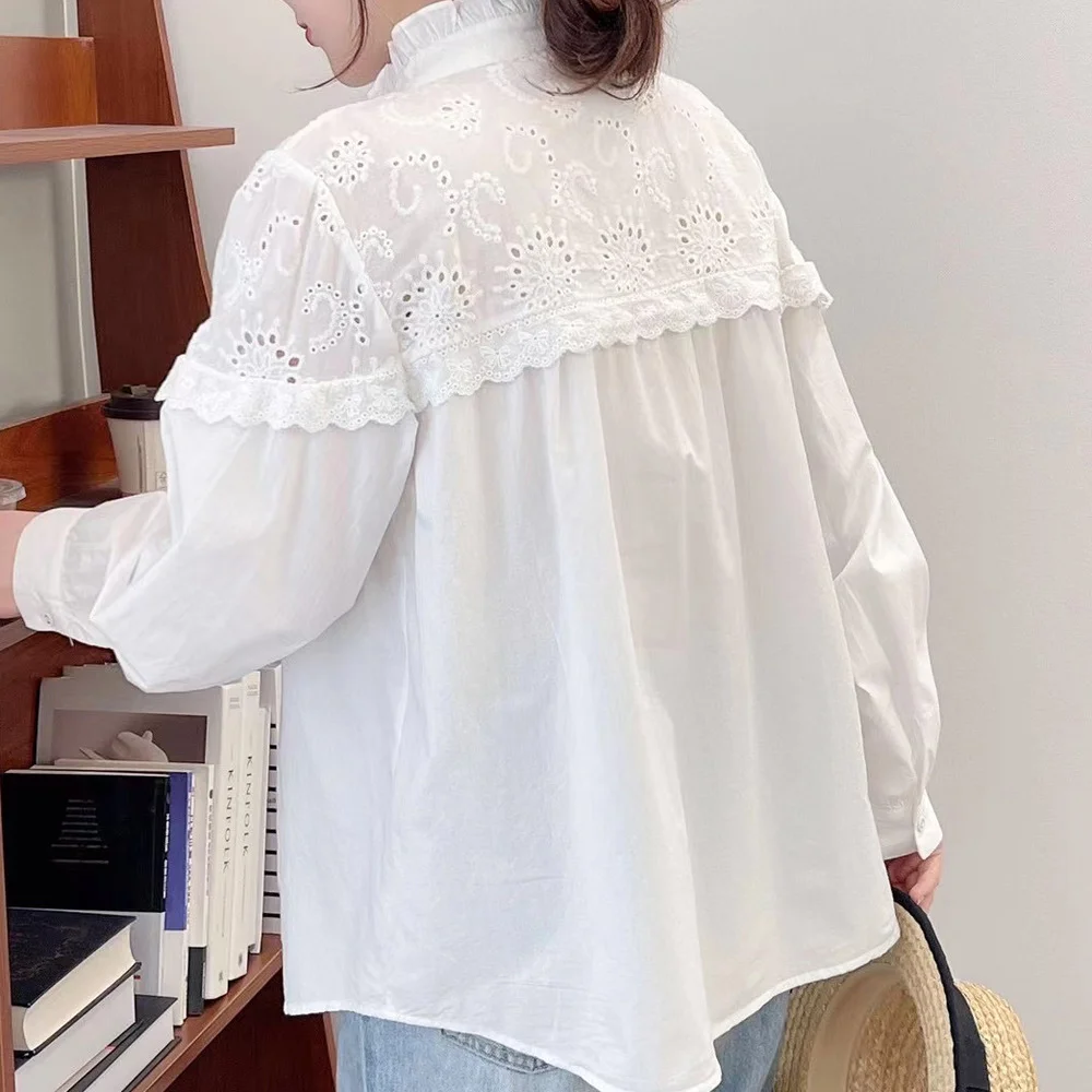 Literary Boho White Cotton Shirts For Women Embroider Hollow Out Long Sleeve Tops Ladies Elegant Women\'s Luxury Blouses