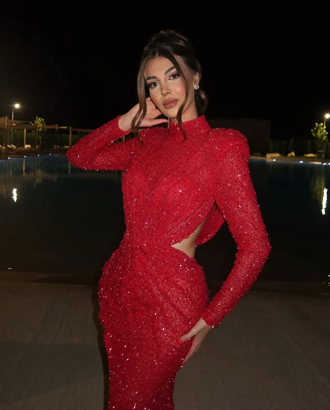 Shiny Red Sequins Mermaid Prom Dresses Long Sleeves High Neck Sexy Backless Evening Party Dress 2025 New Formal Occasion Gowns
