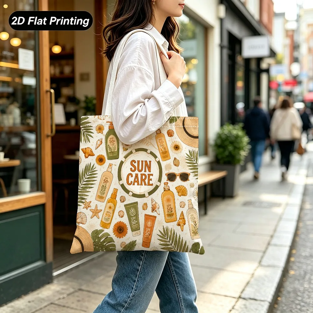 1pc [Tote Bag] 2D Flat Effect, Bag Body Printed with SUN CARE Theme Sunscreen Products, Seashells, Straw Hats, Tropical Plants F