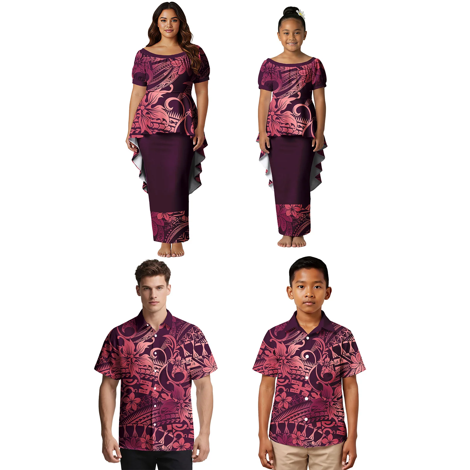 Family Parent-Child Outfit Custom Samoan Casual Mother Girl Puletasi Dress Polynesian Father Boy Shirt Hawaiian Print Family Set