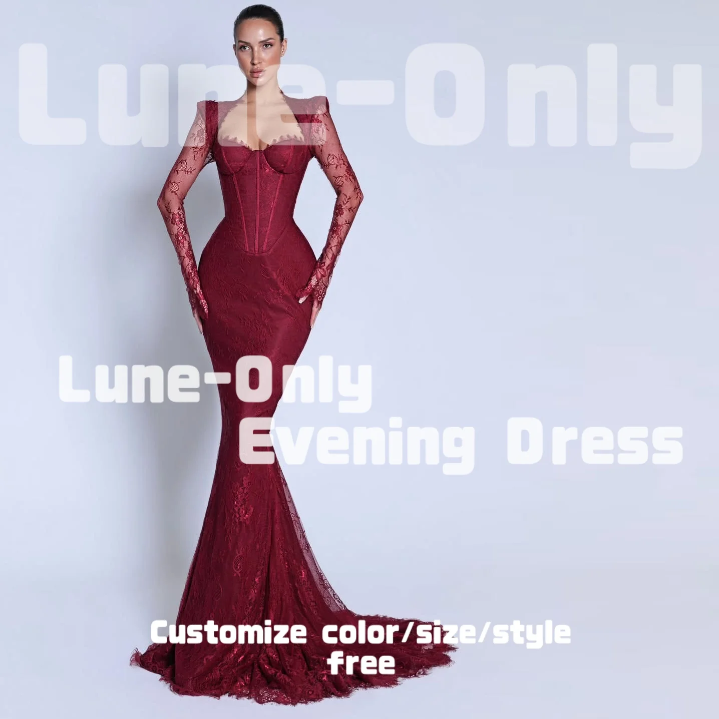 カスタマイズされたオープンバックバーガンディレース長袖女性イブニングドレスマーメイド恋人エレガントなパーティードレスウエディングフォーマルドレス