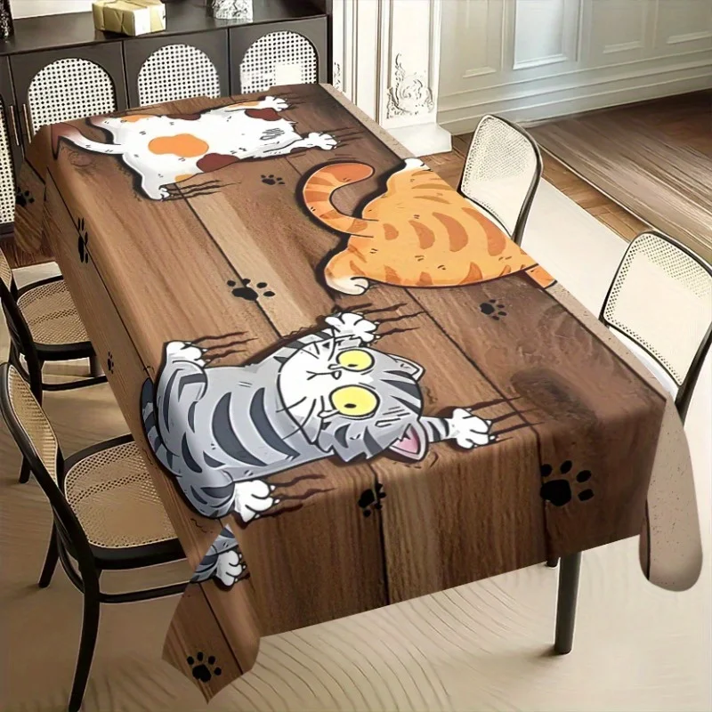 Cartoon Cat Wood Grain Rectangle Tablecloth for Table Decor Washable Farmhouse Kitchen Dining Tablecloth Holiday Party Decor