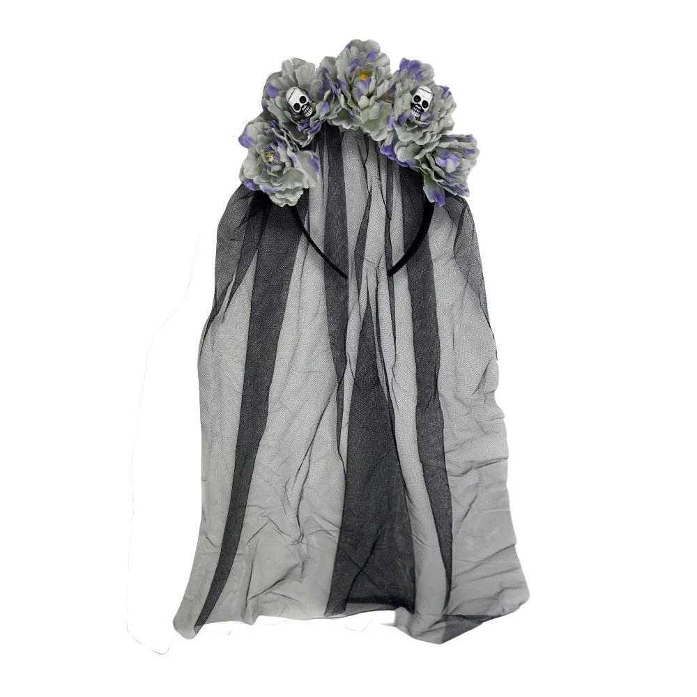 

Long Ribbon Veil Halloween Hair Band Skull Design Black Veil Flowers Headdress Red Rose Girls Day of The Dead Gothic Head Hoop