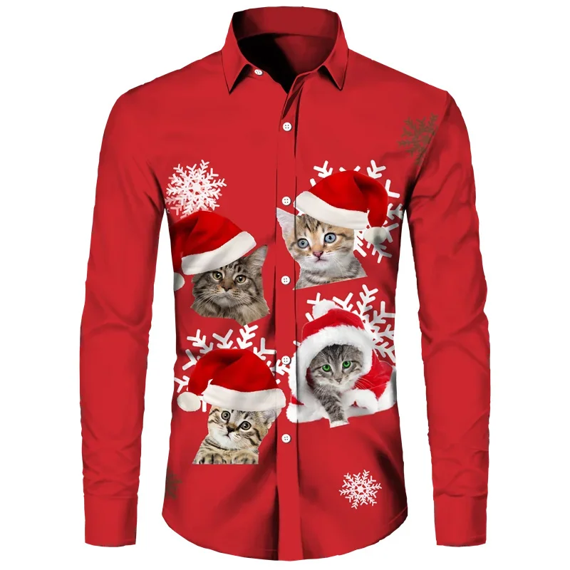 2023 Men's Santa Claus Series Personalized Fashionable Lapel Printed Versatile Long-Sleeved Large Size Shirt