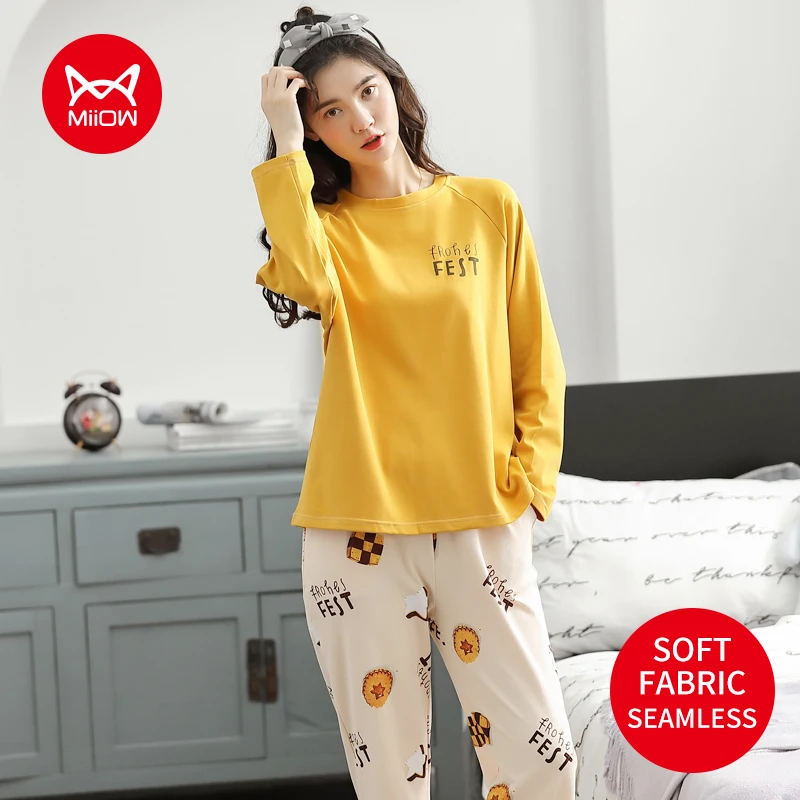 MIIOW Winter Women Pajama Sets Ins Style Cotton Prints Loungewear Cute Comfortable Sleepwear Loose Long Sleeve Clothes for Girls