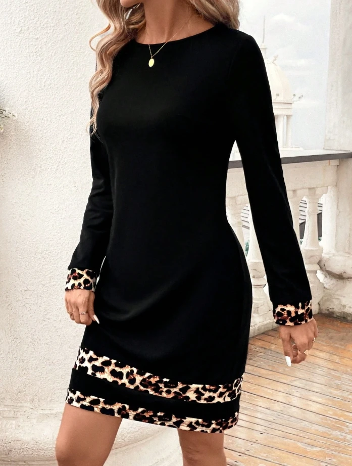 Mid skirt round neck long sleeved leopard print dress