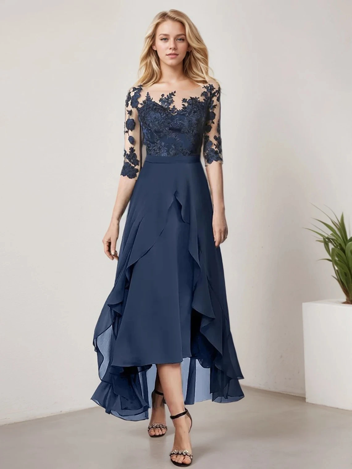 

2026 Navy Blue Mother of the Bride Dress Formal Wedding Guest Party Dress Elegant High Low Chiffon Lace Pleats Appliques