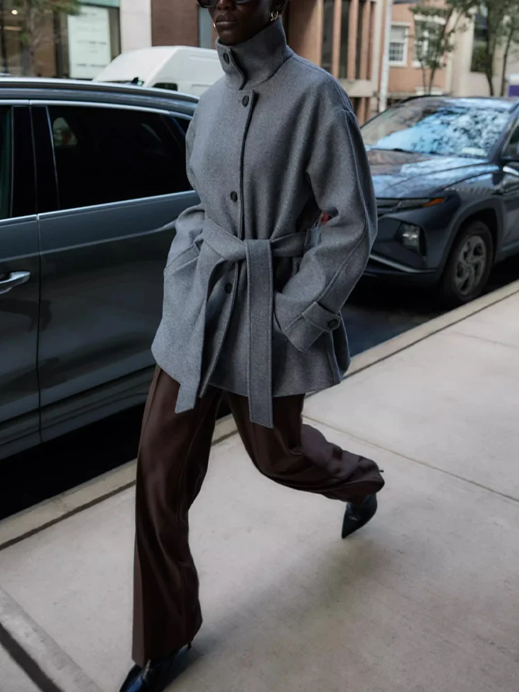 

Европейский и американский стиль, осенняя новая модная женская куртка высокого класса с поясом, двухслойный воротник, мягкое пальто, куртка