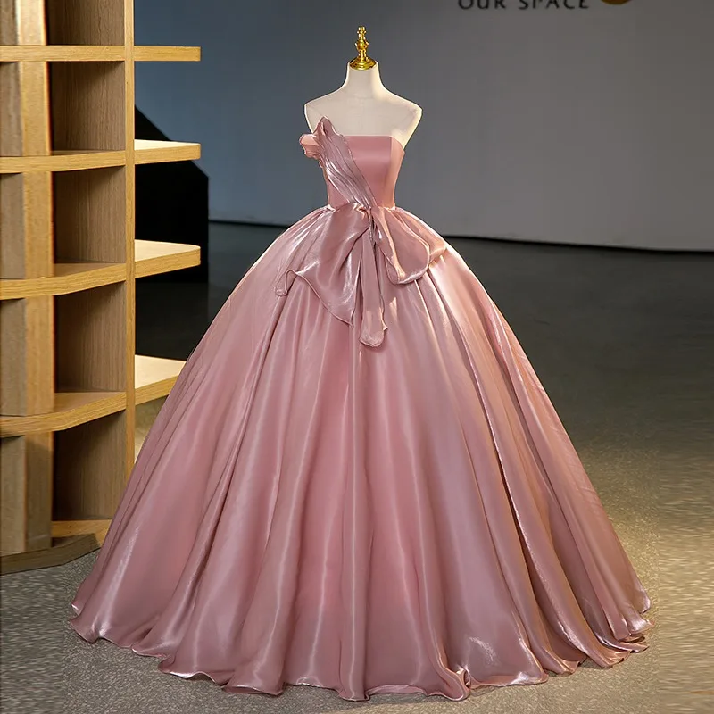 Personalizável 2025 nova cor de pasta de feijão de cetim vestido de noiva sem alças e sem costas, elegante e emagrecedor, vestido de exame de arte de nicho