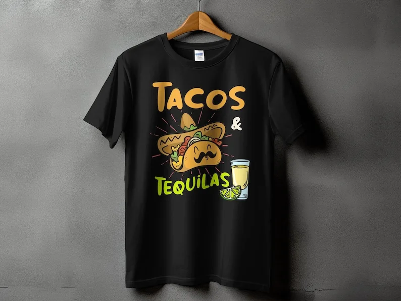 Funny Taco and Tequila Graphic T-Shirt, Sombrero Wearing Taco with Tequila Illustration Tee, Mexican Food Lover Gift