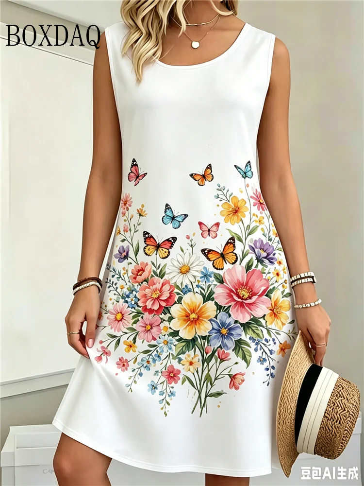 Women's Floral Butterfly Print Dress Summer Fashion Plus Size Casual Sleeveless Dress For Daily Holiday Vacation Wear Sundress