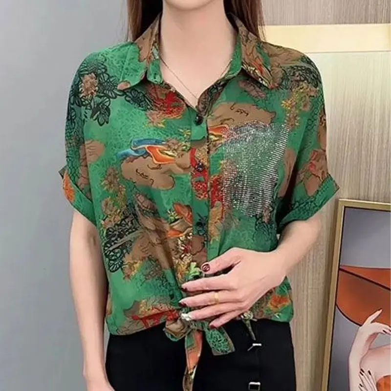 Casual Loose Fashion Bandage Shirt Female Clothing Vintage Printed Chic Diamonds Summer Elegant Single-breasted Polo-Neck Blouse