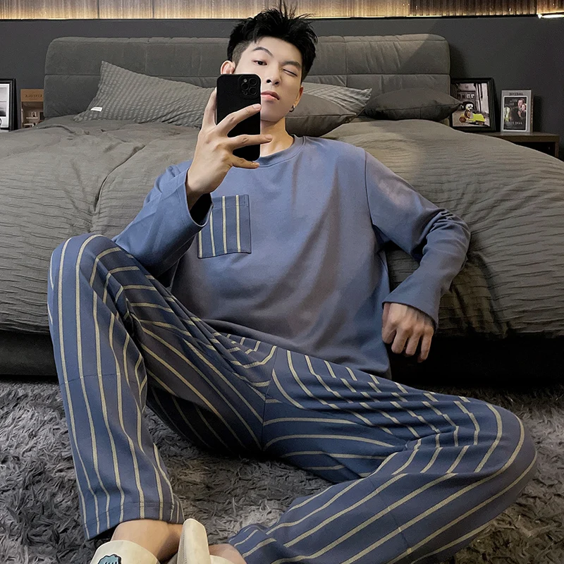 Spring New Cotton Mens Pajamas Casual Long Tops Pants Sets Pyjamas Solid Men Sleepwear Pijamas Homewear Fashion Pjs Homme