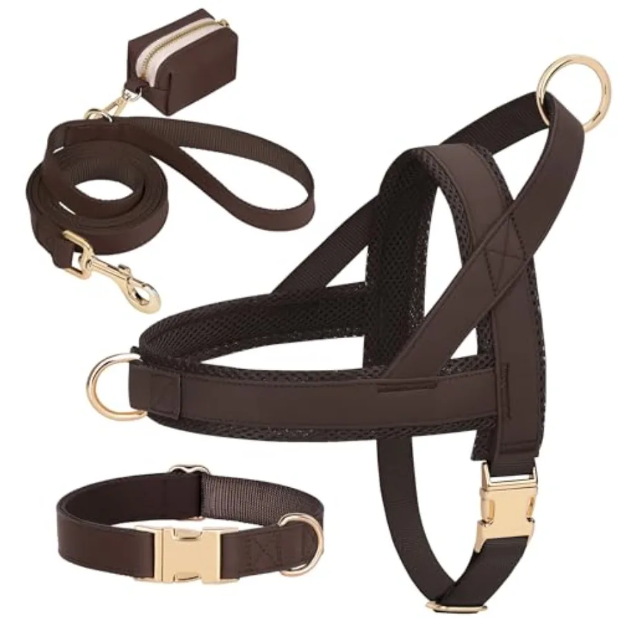 

Soft PU Leather Dog Collars Harnesses and Leashes Set with Poop Bag Holder Stylish and Adjustable No Pull Dog Harness and Leash