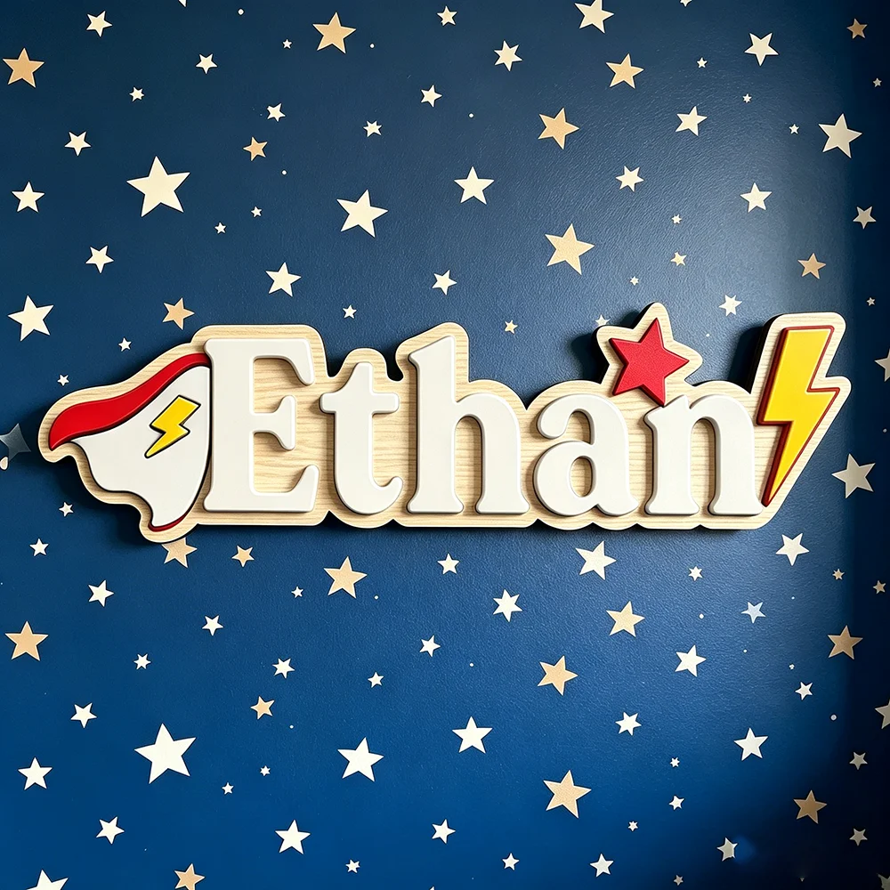Custom Superhero Name Sign for The Dearest Baby, Neutral Star & Lightning Nursery Wooden Door Plaque image 4