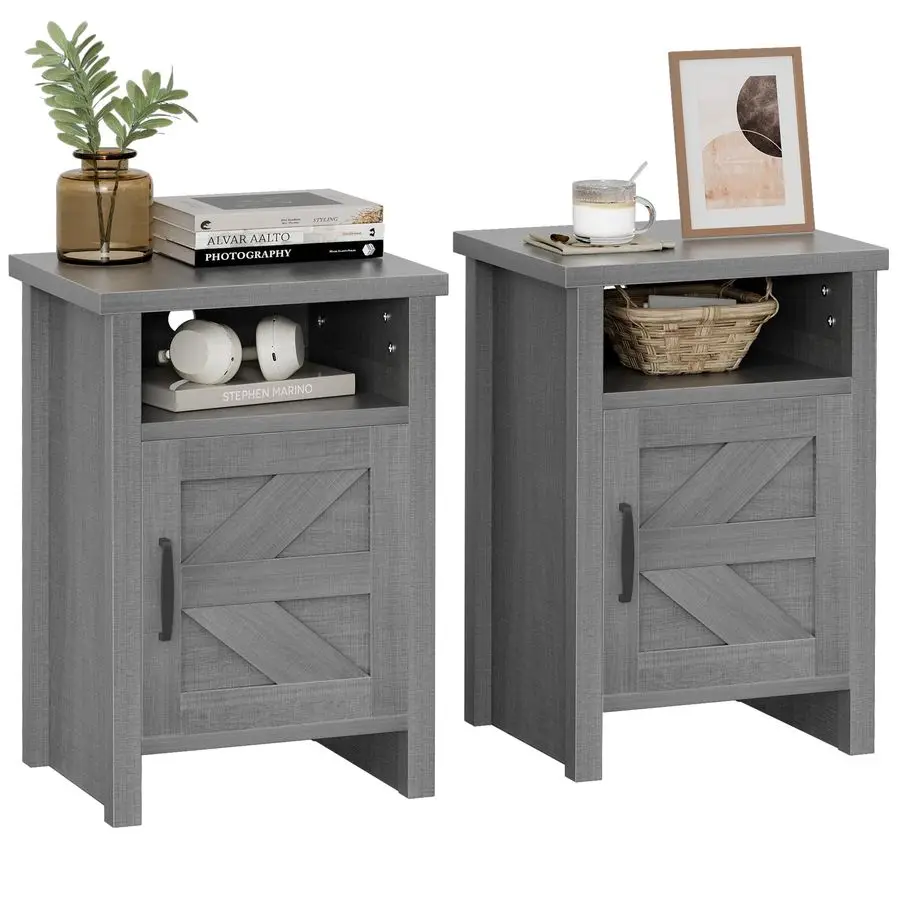 

Farmhouse Modern Nightstand with Shelf and Barn Door, Set of 2 for Bedroom, Gray