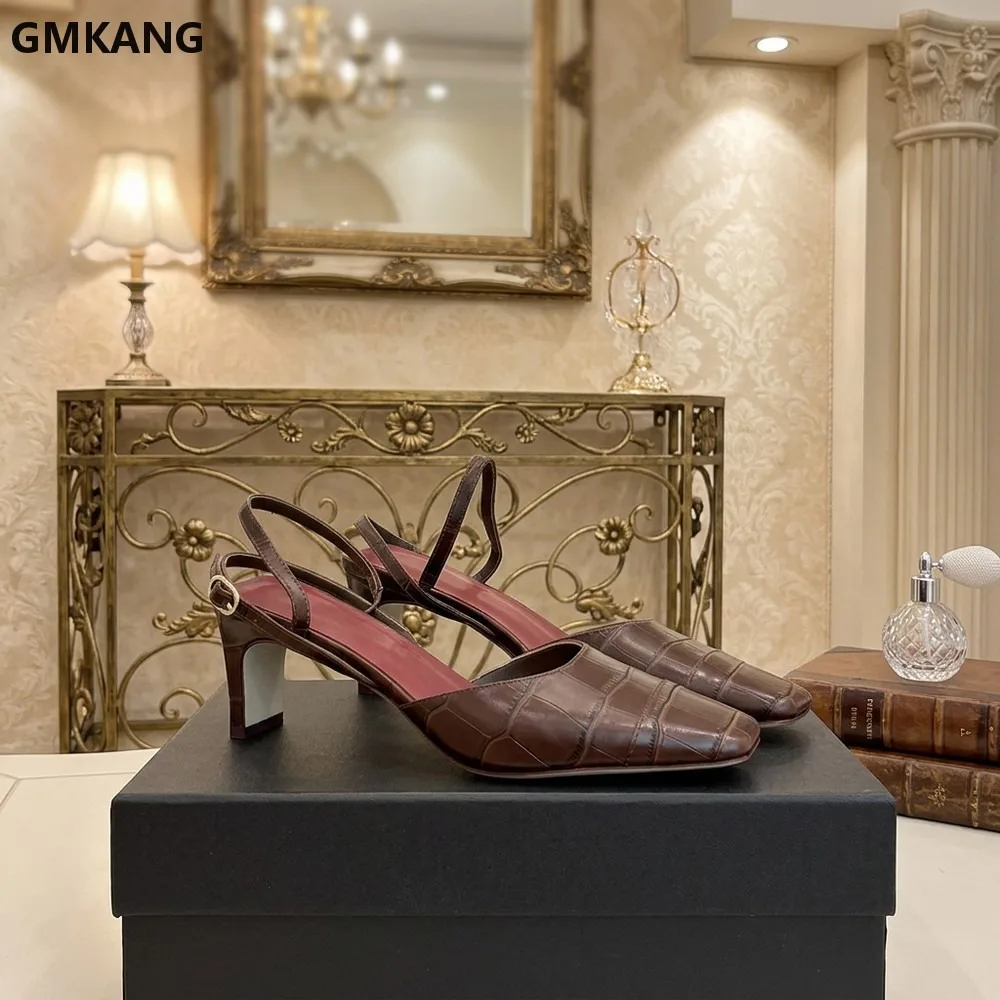 

Retro Crocodile Texture Square Toe Thin Lace Backless Thick Sole Sandals Women Casual Slip On Platform Summer Outdoor