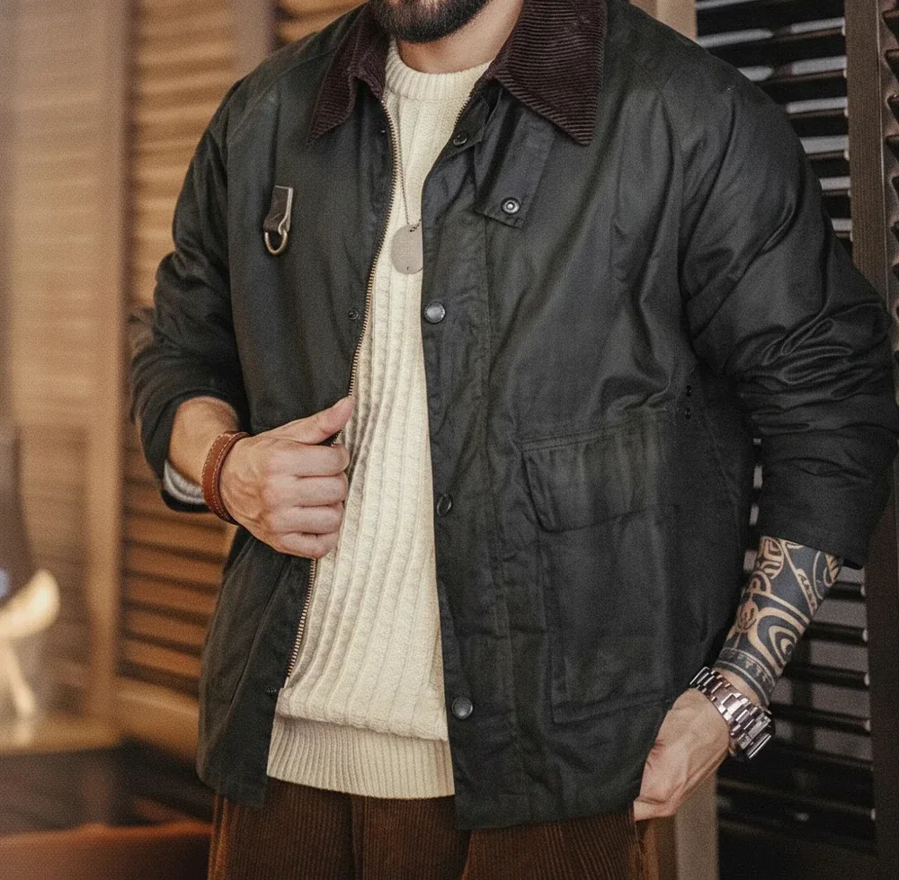 New Men's2026 Autumn Classic Overcaot Vintage Spey Waxed Fishing Jacket Distressed Outdoor Corduroy Collar with Pockets Coat