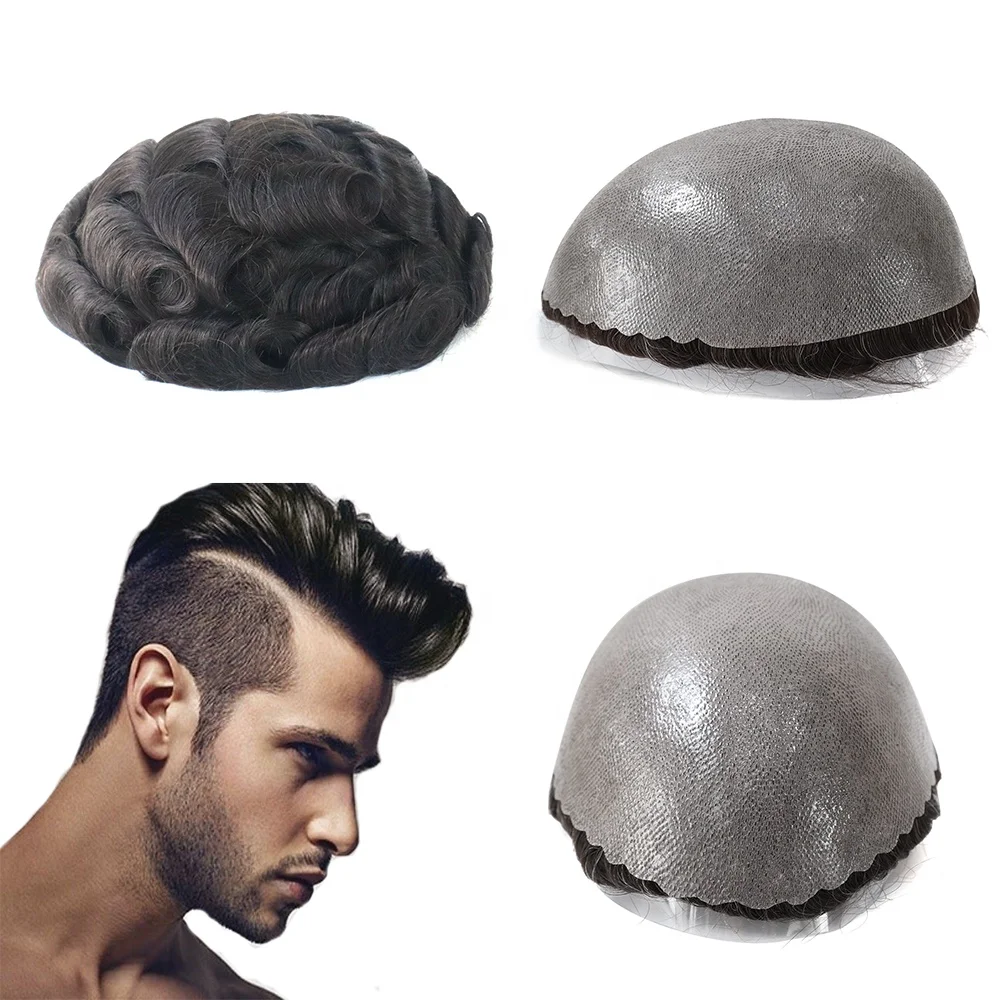Stock Durable Knotted Skin PU 12-14mm  Human Hair Toupee Male Hair Replacement Hair Prosthesis  for Men