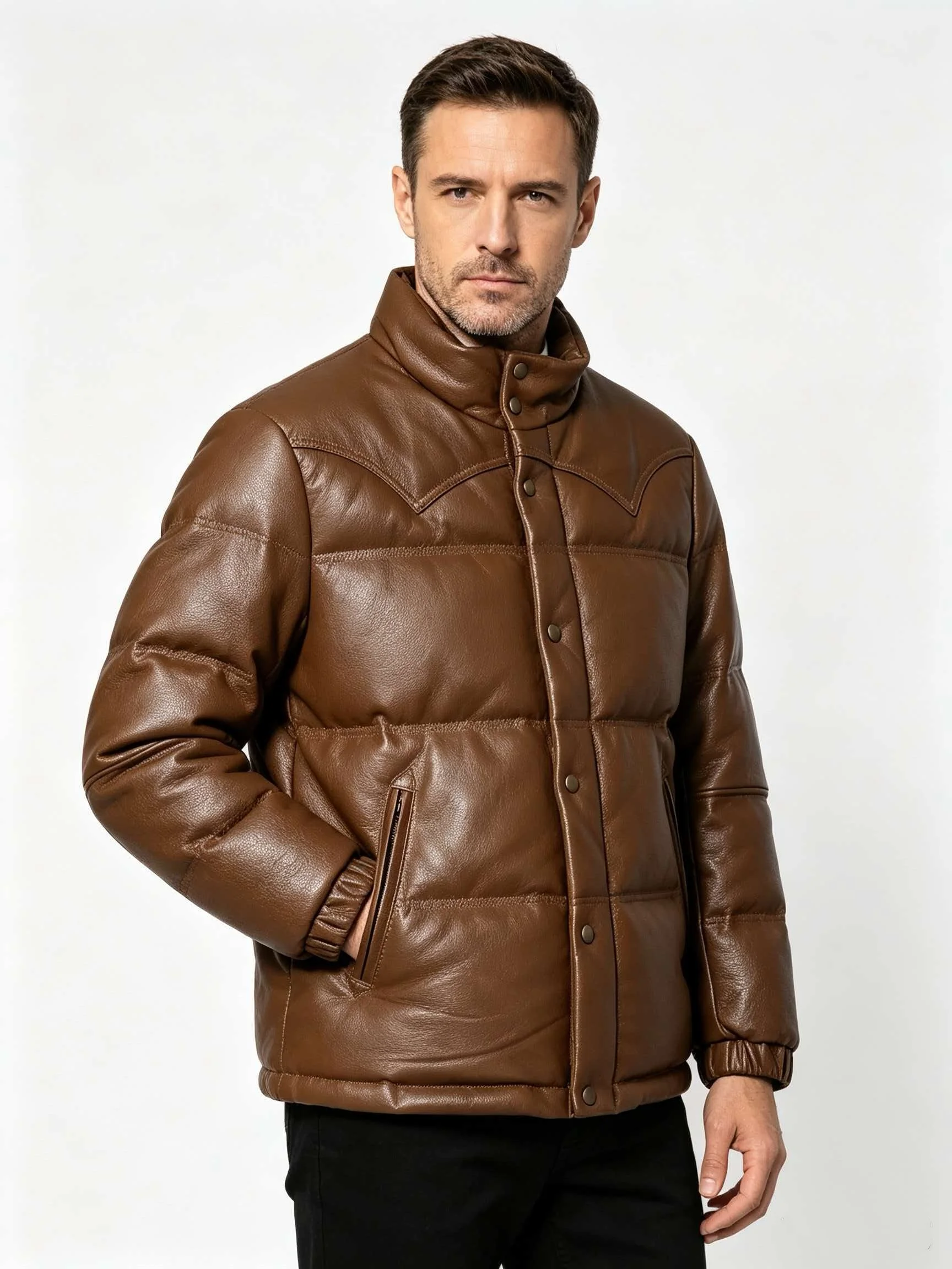 Men's Genuine Sheepskin Leather Down Jacket Brown Pebbled Grain Western Yoke Snap Front Quilted Puffer Warm Winter Zip Pockets