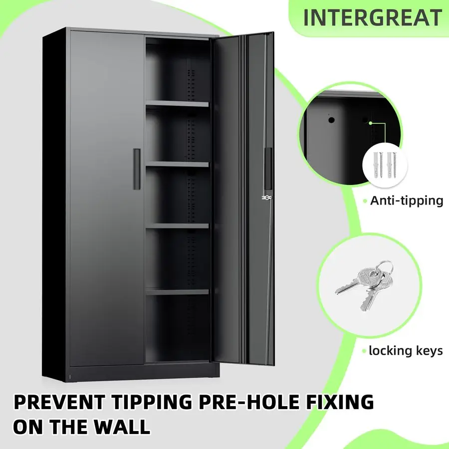 Black Metal Storage Cabinet, 72 Locking Steel Cabinets with 2 Door and 4 Adjustable Shelves, Tall Metal Cabinet for Home Office,