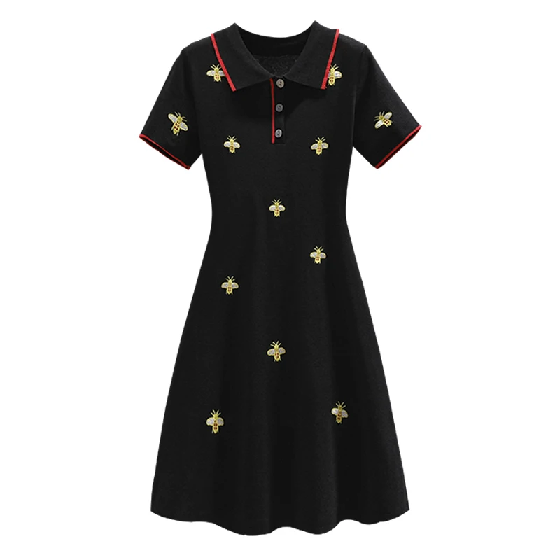 Embroidery Summer Kintted Elegant Vintage Black Dress Short Sleeve Party Knee Dresses Women Fashion Ladies 2022 Clothing Female