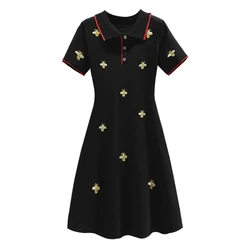 Embroidery Summer Kintted Elegant Vintage Black Dress Short Sleeve Party Knee Dresses Women Fashion Ladies 2022 Clothing Female