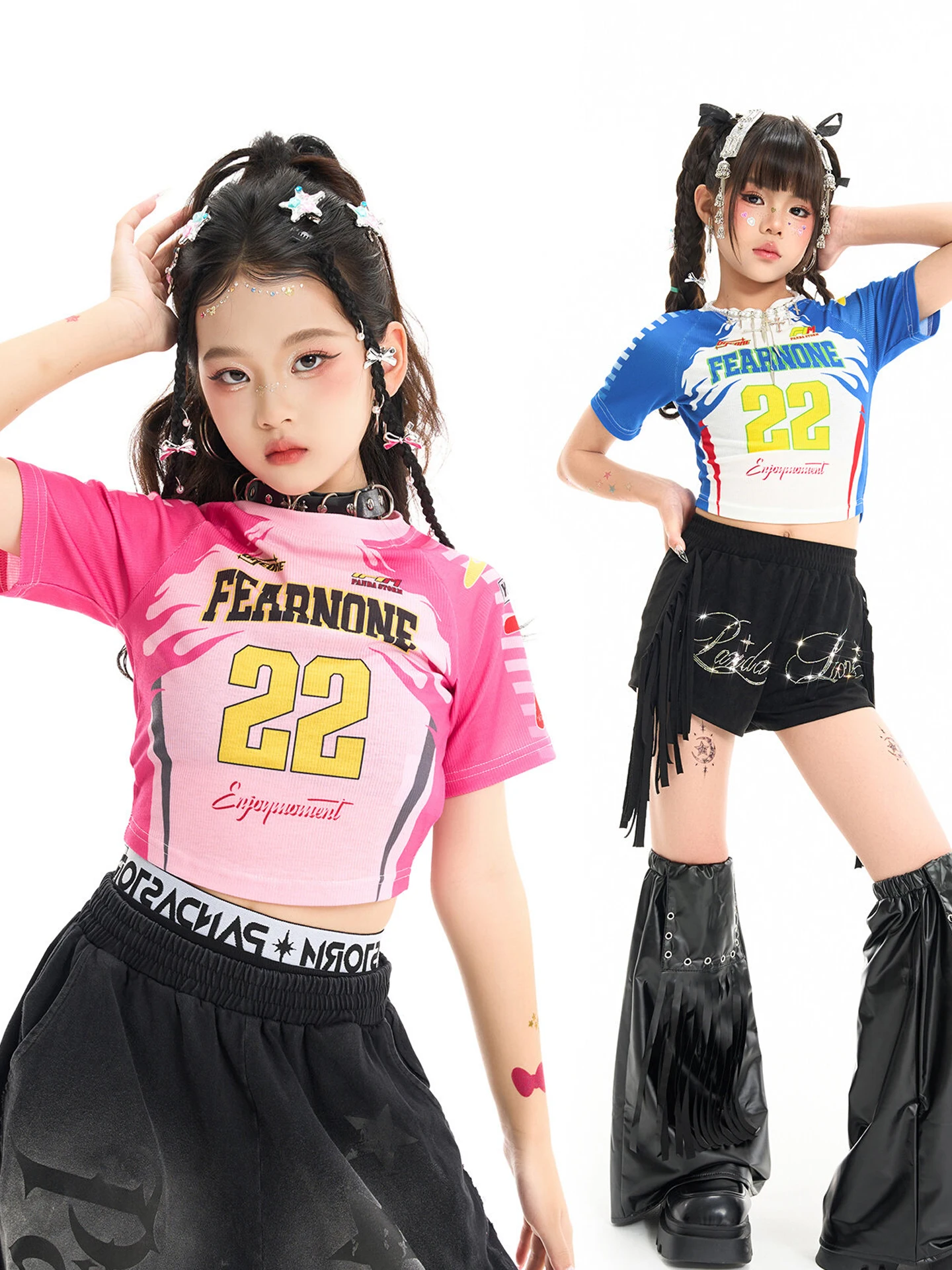 

Костюм для девочек 2026: топ с коротким рукавом и шорты для джазовых танцев, детская одежда для хип-хопа, уличная одежда, сценический наряд для команды DN23367