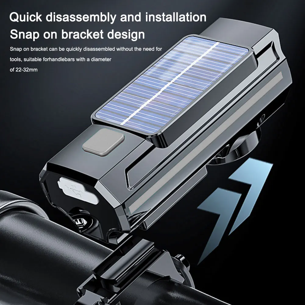 Solar Power MTB Road Bike Front Lamp 1200mAh Bike Handlebar Flashlight Waterproof LED Cycling Lantern with Horn for Night Riding