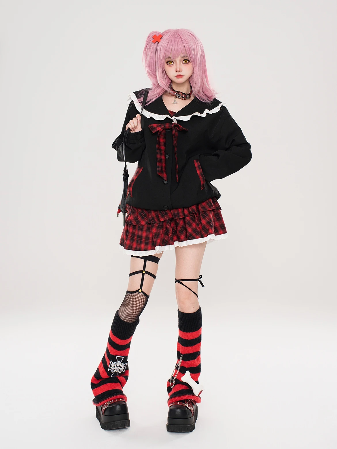 Japanse subcultuur high street punk stijl zoet cool meisje Y2K rokken elastische hoge taille kant splitsen rode geruite taart rok vrouw